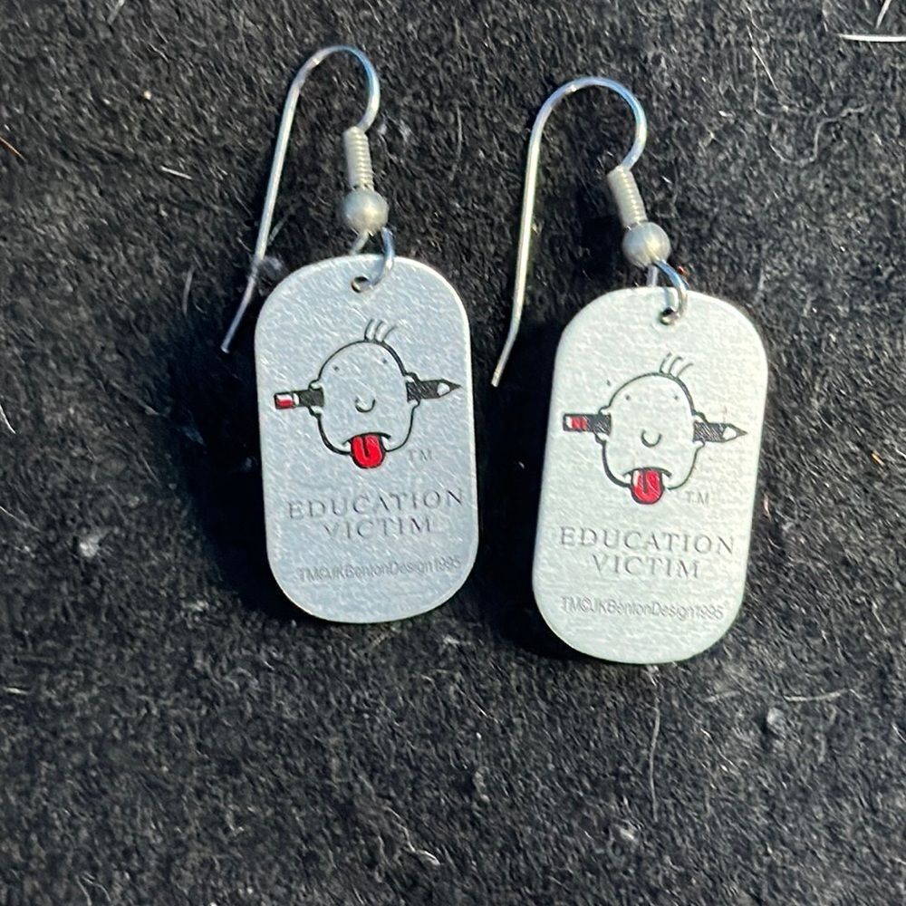 Benton Designs Statement Earrings Silver Tone “Education Victim” Fashion